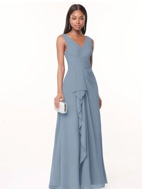 Azazie Slate Blue V-Neck Ruffle A-Line Gown